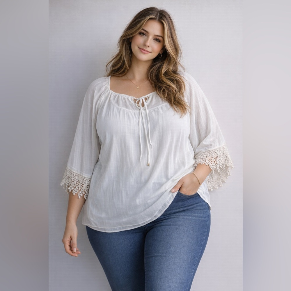AGB Women's White Crochet Trim 3/4 Sleeve Semi Sheer Lined Gauzy Top NWOT